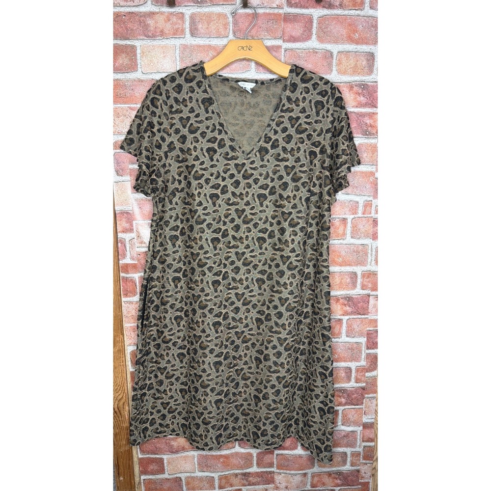 Cato Leopard Print V-Neck Shift Dress Womens 14/16W Brown Animal Print Knit Mini